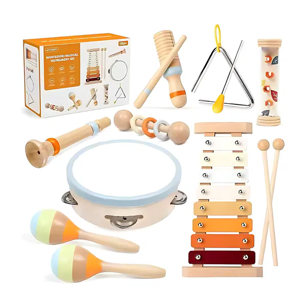 Montessori Muziekinstrumenten Set voor Peuters – Houten Muziekspeelgoed 7-delig – Inclusief Xylofoon, Tamboerijn, Belletjes & Castagnetten – Educatief Speelgoed voor Kinderen vanaf 3 Jaar