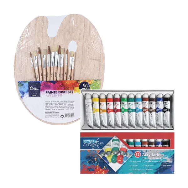 Hobby verfset voor kinderen met acrylverf schilderspalet en 12 kwasten